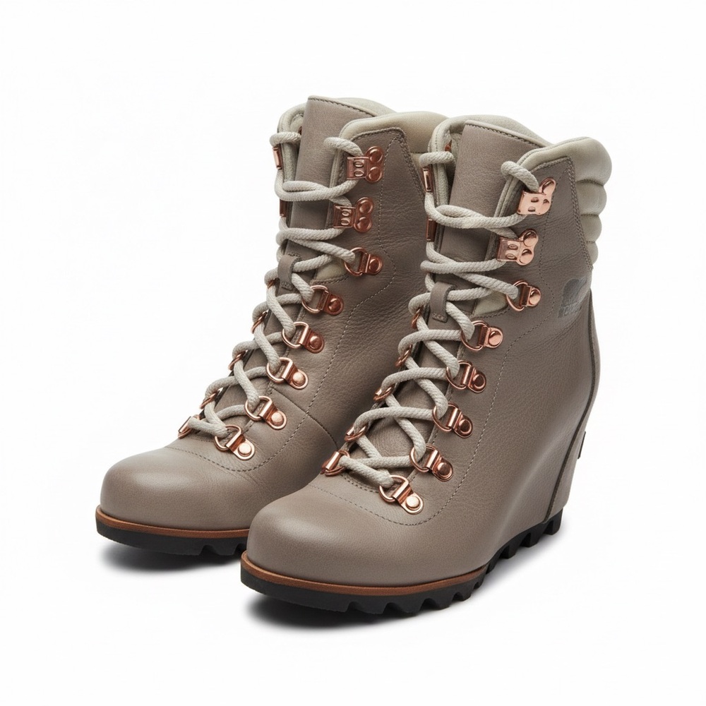 SOREL Conquest Arctic Holiday Wedge Boots Taupe Leather Rose Gold Women’s 6.5